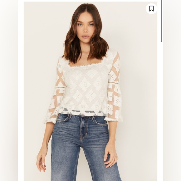 Shyanne White Diamond Embroidered Mesh Blouse 3/4 Sleeve O17 - Picture 1 of 9